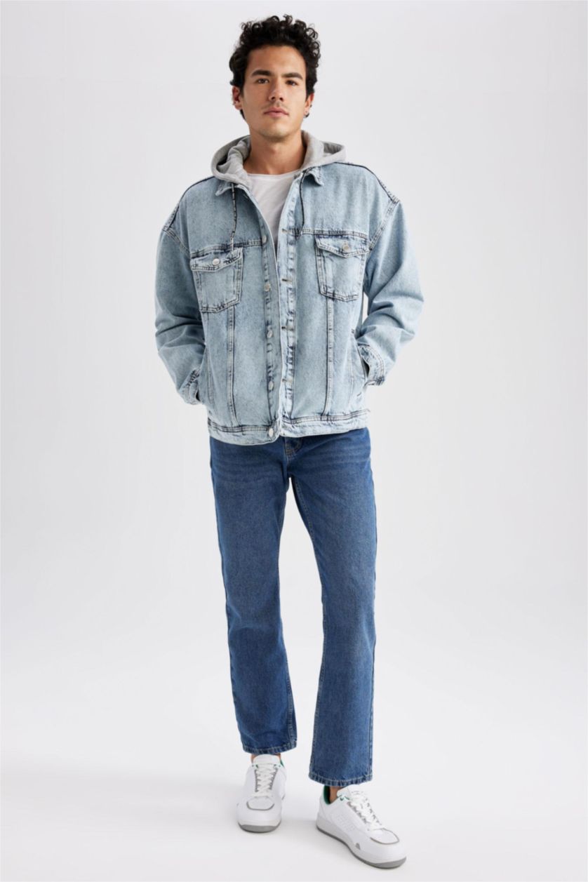 Erkek Açık Mavi Oversize Fit Kapüşonlu Jean Ceket