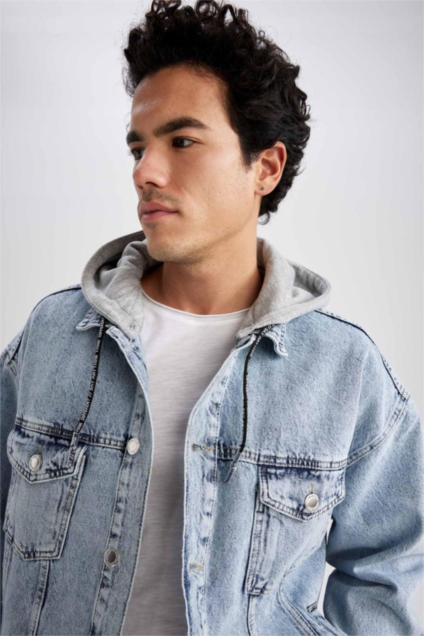 Erkek Açık Mavi Oversize Fit Kapüşonlu Jean Ceket