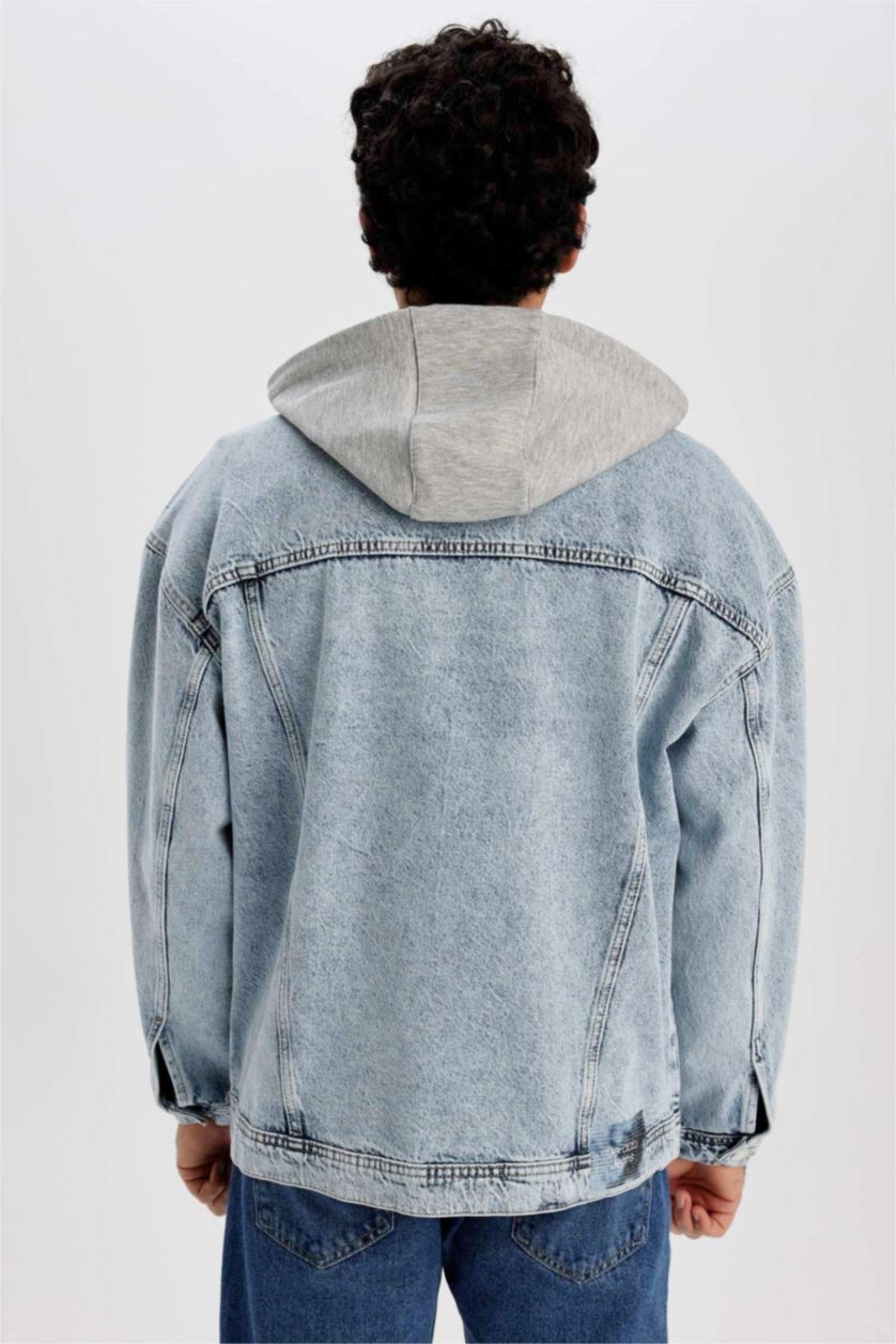 Erkek Açık Mavi Oversize Fit Kapüşonlu Jean Ceket