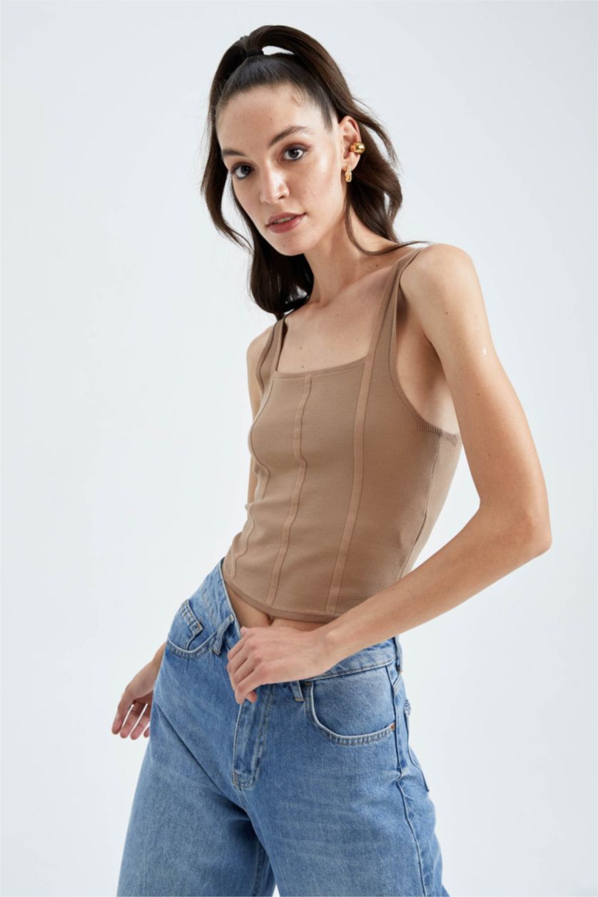 WOMAN Beige Sorbe X Defacto Square Neck Corset Look Crop Top