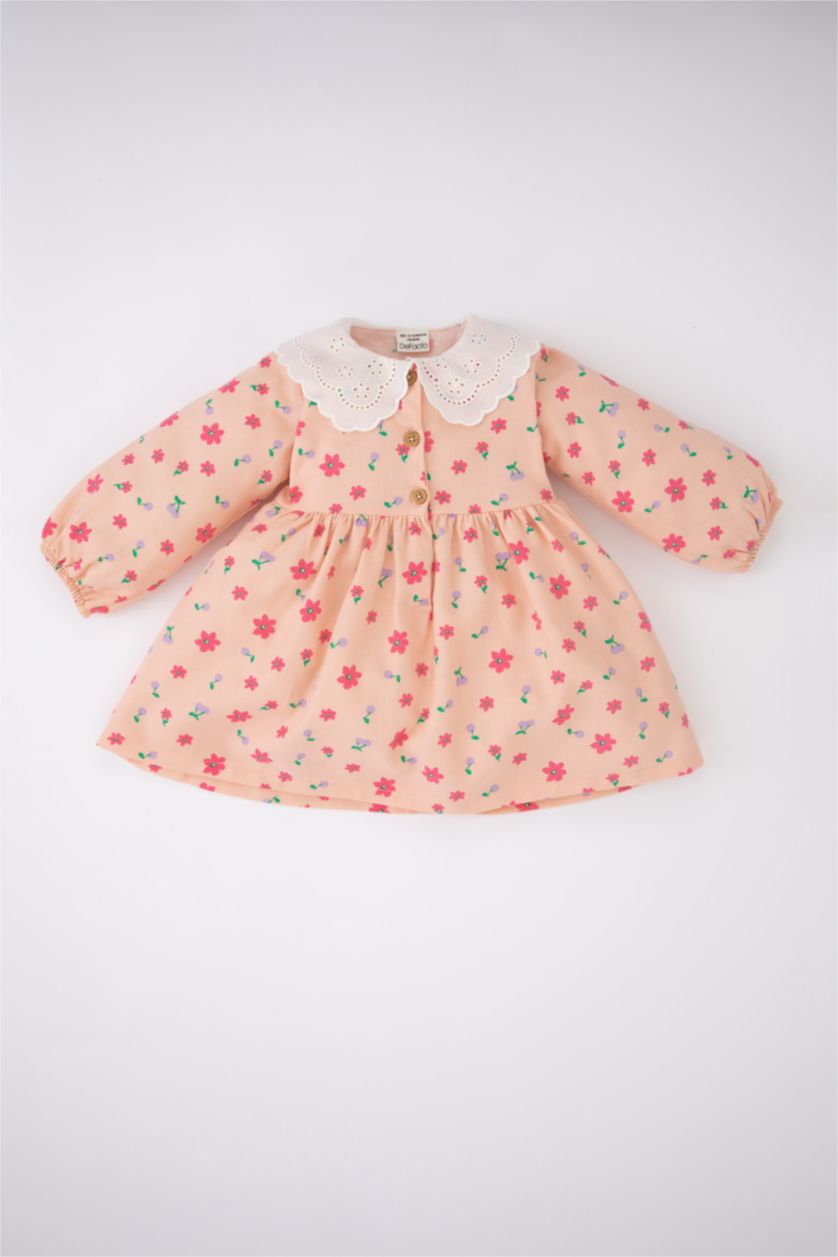 BABY GIRL Salmon Baby Girl Floral Long Sleeve Twill Dress