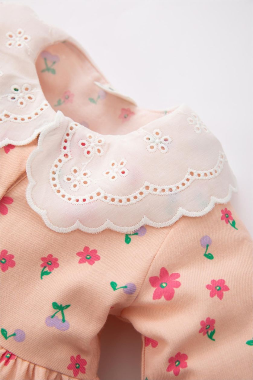 BABY GIRL Salmon Baby Girl Floral Long Sleeve Twill Dress