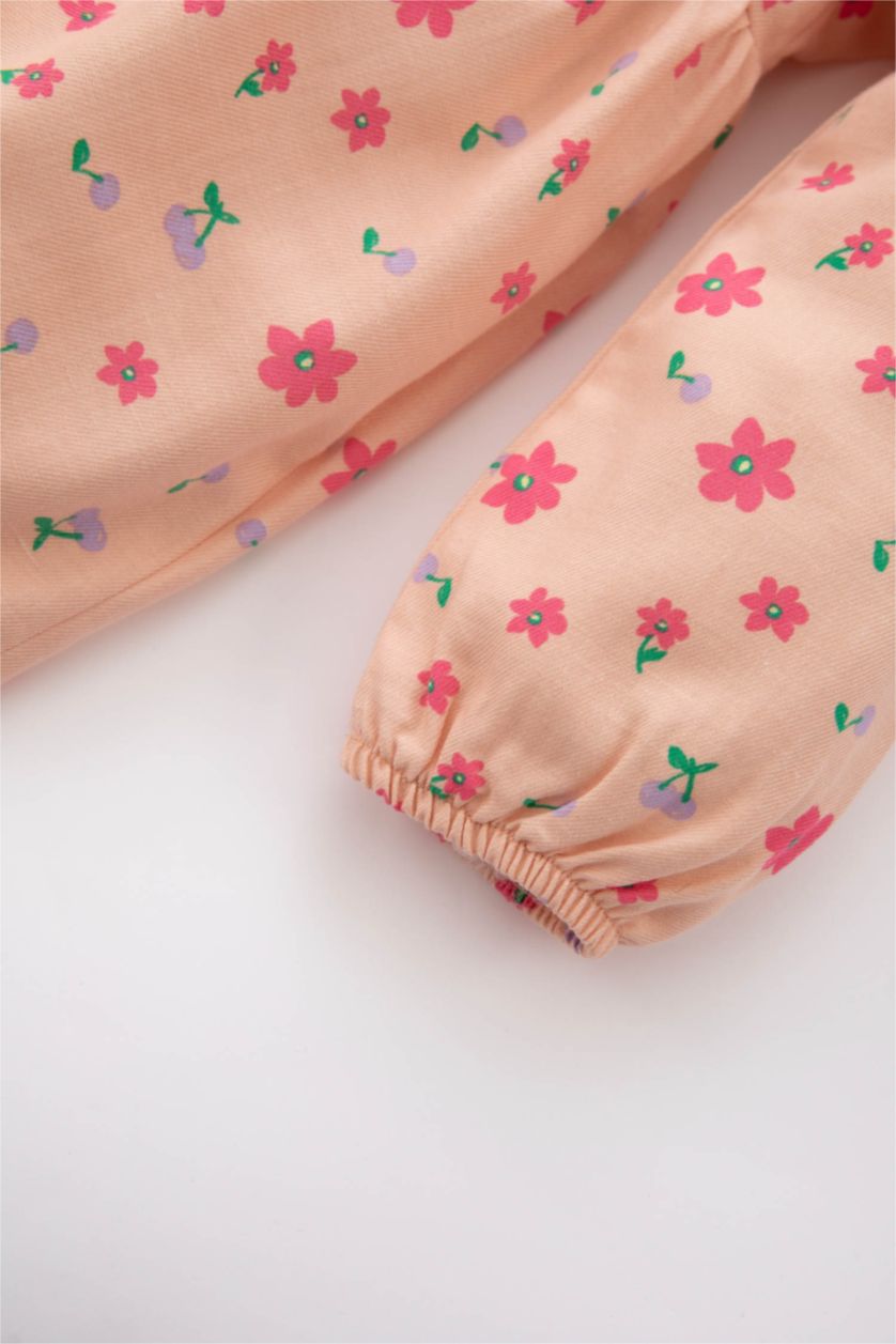 BABY GIRL Salmon Baby Girl Floral Long Sleeve Twill Dress