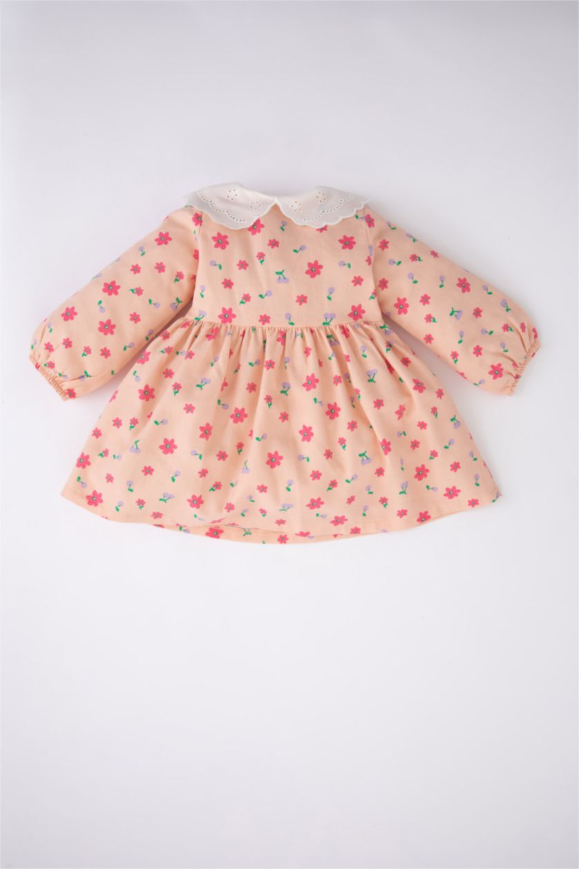 BABY GIRL Salmon Baby Girl Floral Long Sleeve Twill Dress