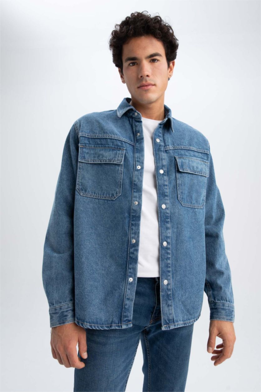 Man Blue Relax Fit Long Sleeve Shirt