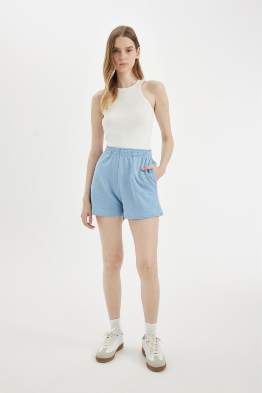 Kadın Mavi Regular Fit Beli Lastikli Basic Düz Şort