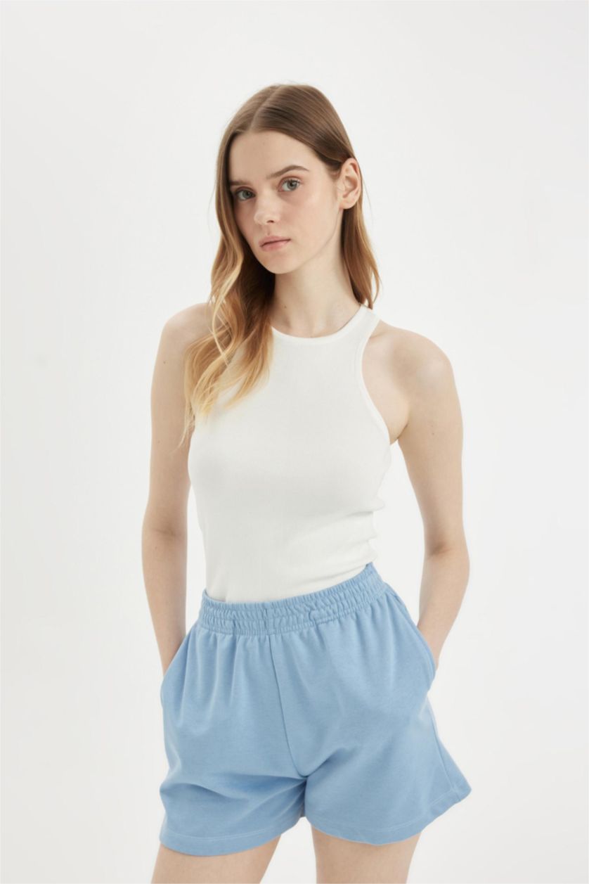 Kadın Mavi Regular Fit Beli Lastikli Basic Düz Şort