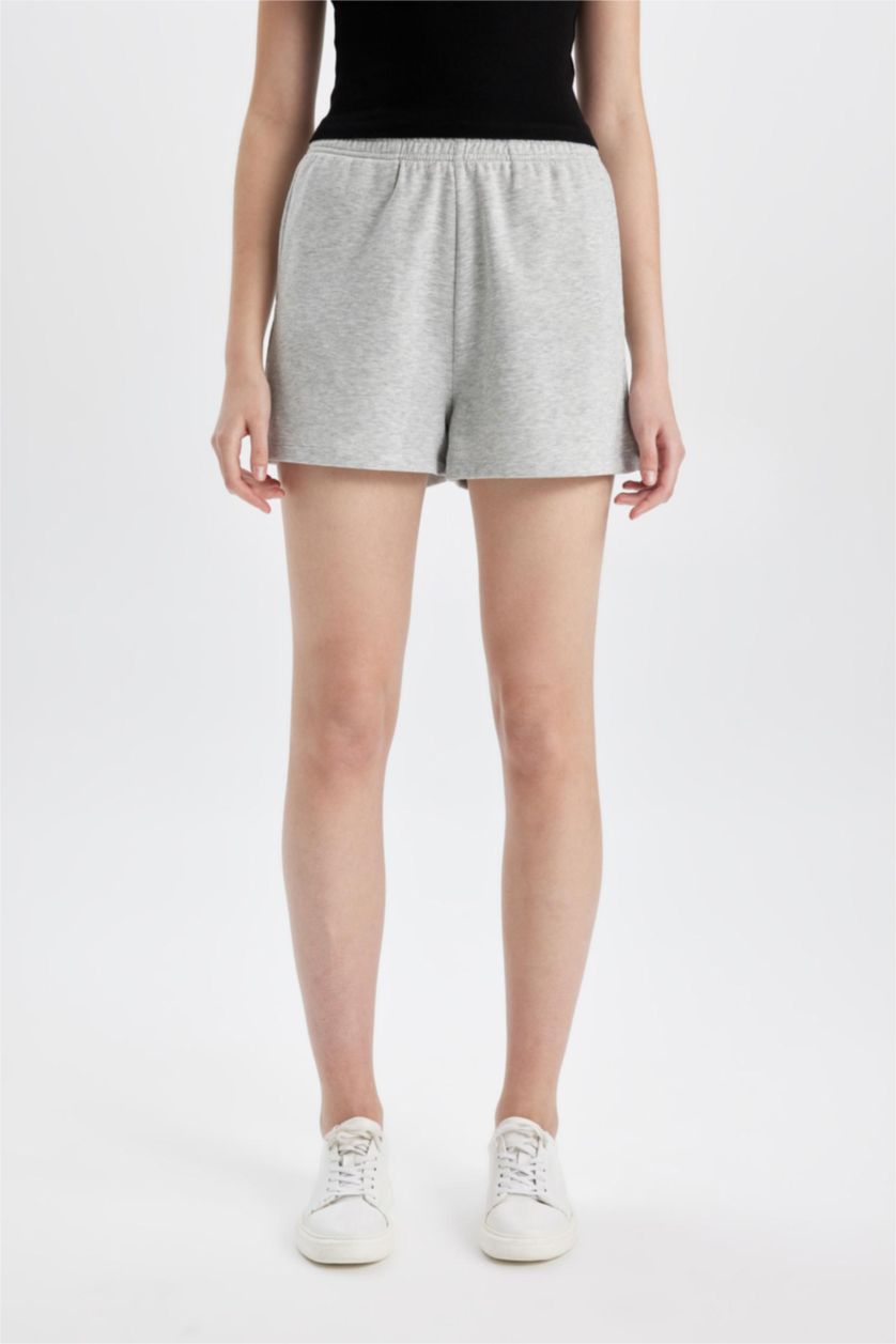 Woman Grey Melange Regular Fit Thick Sweatshirt Fabric Regular Hem Shorts
