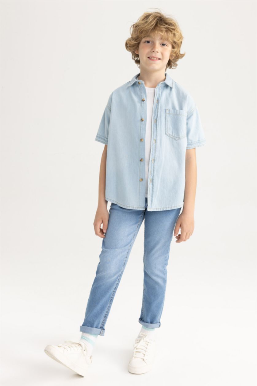 Erkek Çocuk - Genç Erkek Açık Mavi Erkek Çocuk Oversize Jean Kısa Kollu Gömlek