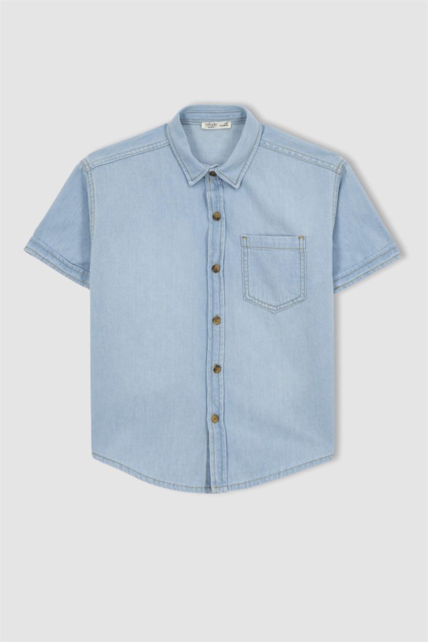 Erkek Çocuk - Genç Erkek Açık Mavi Erkek Çocuk Oversize Jean Kısa Kollu Gömlek