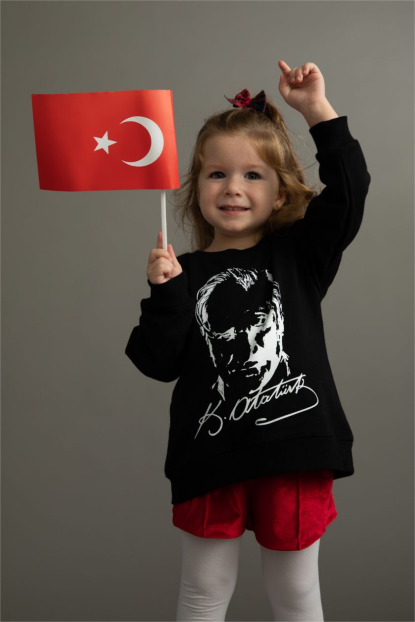 Kız Bebek Siyah Kız Bebek Bisiklet Yaka Atatürk Baskılı Sweatshirt