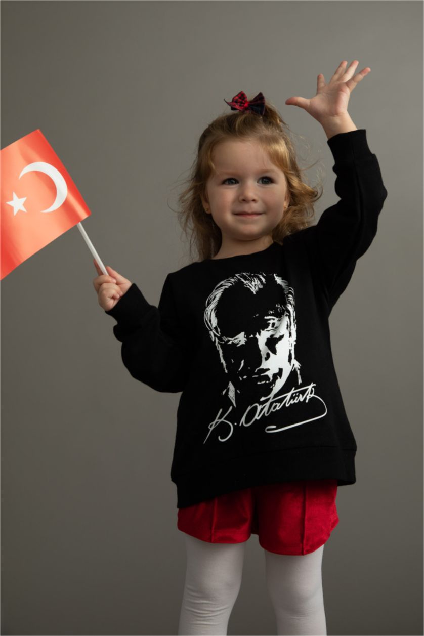 Kız Bebek Siyah Kız Bebek Bisiklet Yaka Atatürk Baskılı Sweatshirt