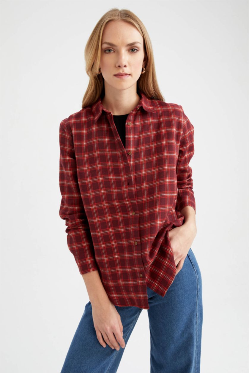 WOMAN Red Oversize Fit Shirt Collar Flanel Long Sleeve Shirt