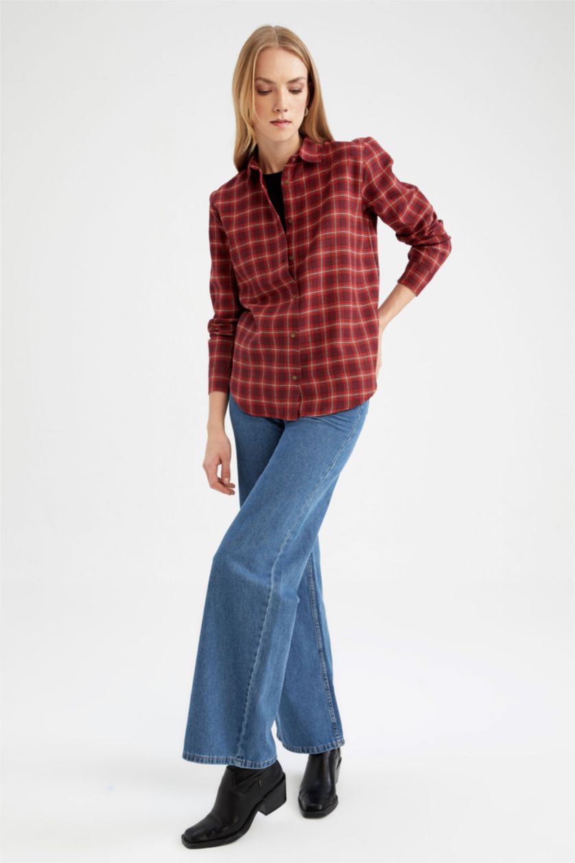 WOMAN Red Oversize Fit Shirt Collar Flanel Long Sleeve Shirt