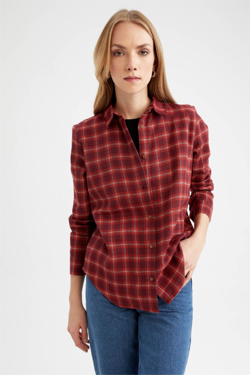 WOMAN Red Oversize Fit Shirt Collar Flanel Long Sleeve Shirt