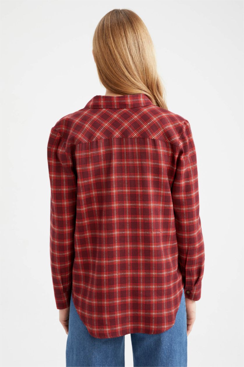 WOMAN Red Oversize Fit Shirt Collar Flanel Long Sleeve Shirt