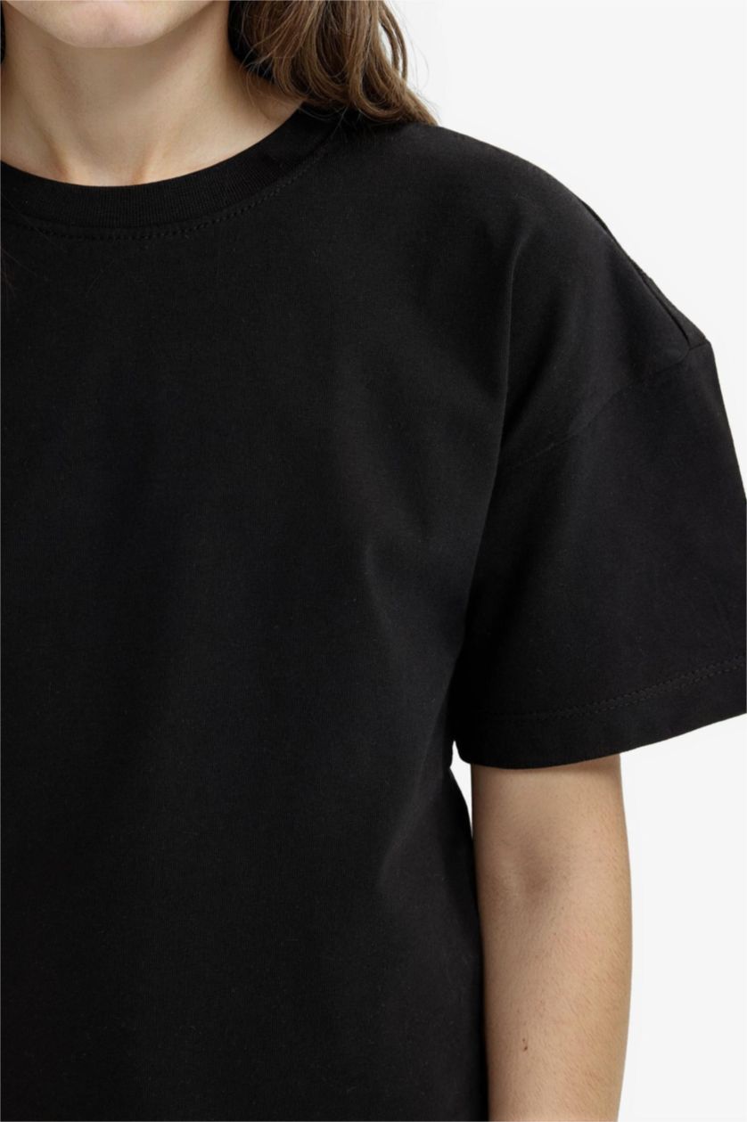 Kız Çocuk - Genç Kız Siyah Relax Fit Bisiklet Yaka Basic Düz Kısa Kollu Tişört Kız Çocuk