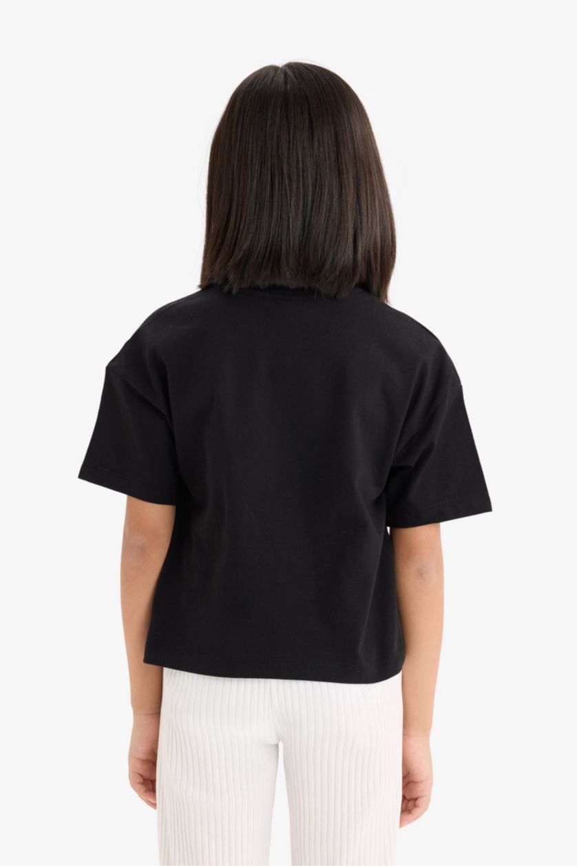 Kız Çocuk - Genç Kız Siyah Relax Fit Bisiklet Yaka Basic Düz Kısa Kollu Tişört Kız Çocuk