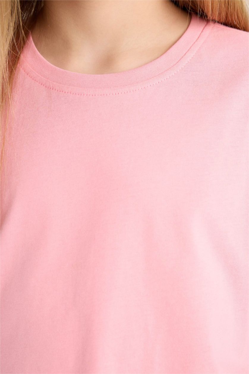 Kız Çocuk - Genç Kız Pembe Relax Fit Bisiklet Yaka Basic Düz Kısa Kollu Tişört Kız Çocuk