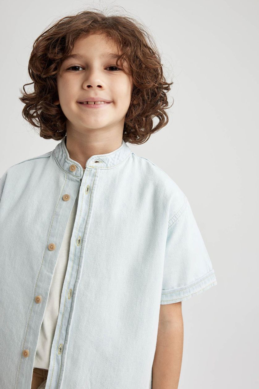 Erkek Çocuk - Genç Erkek Açık Mavi Erkek Çocuk Oversize Jean Kısa Kollu Gömlek