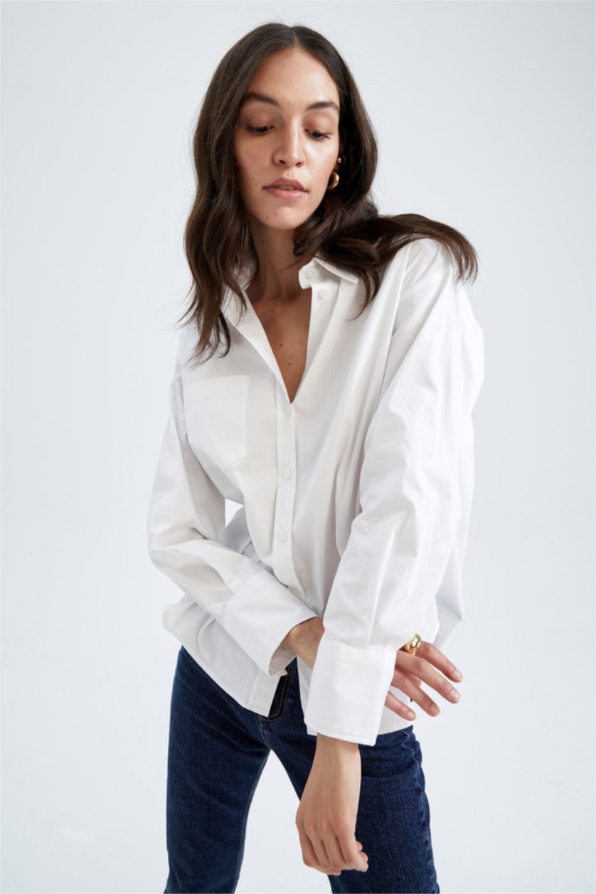 Kadın Beyaz Sorbe X Defacto Oversize Fit Düğmeli Poplin Uzun Kollu Gömlek
