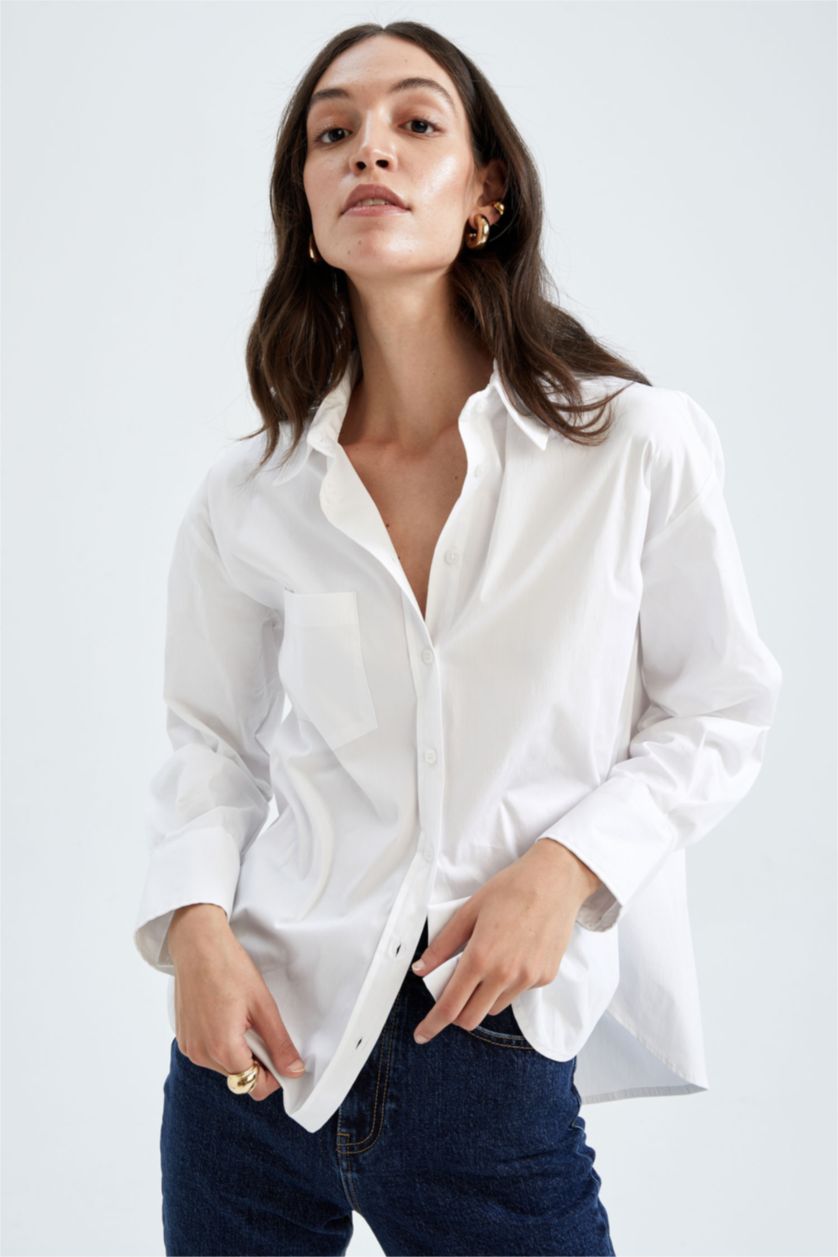 Kadın Beyaz Sorbe X Defacto Oversize Fit Düğmeli Poplin Uzun Kollu Gömlek