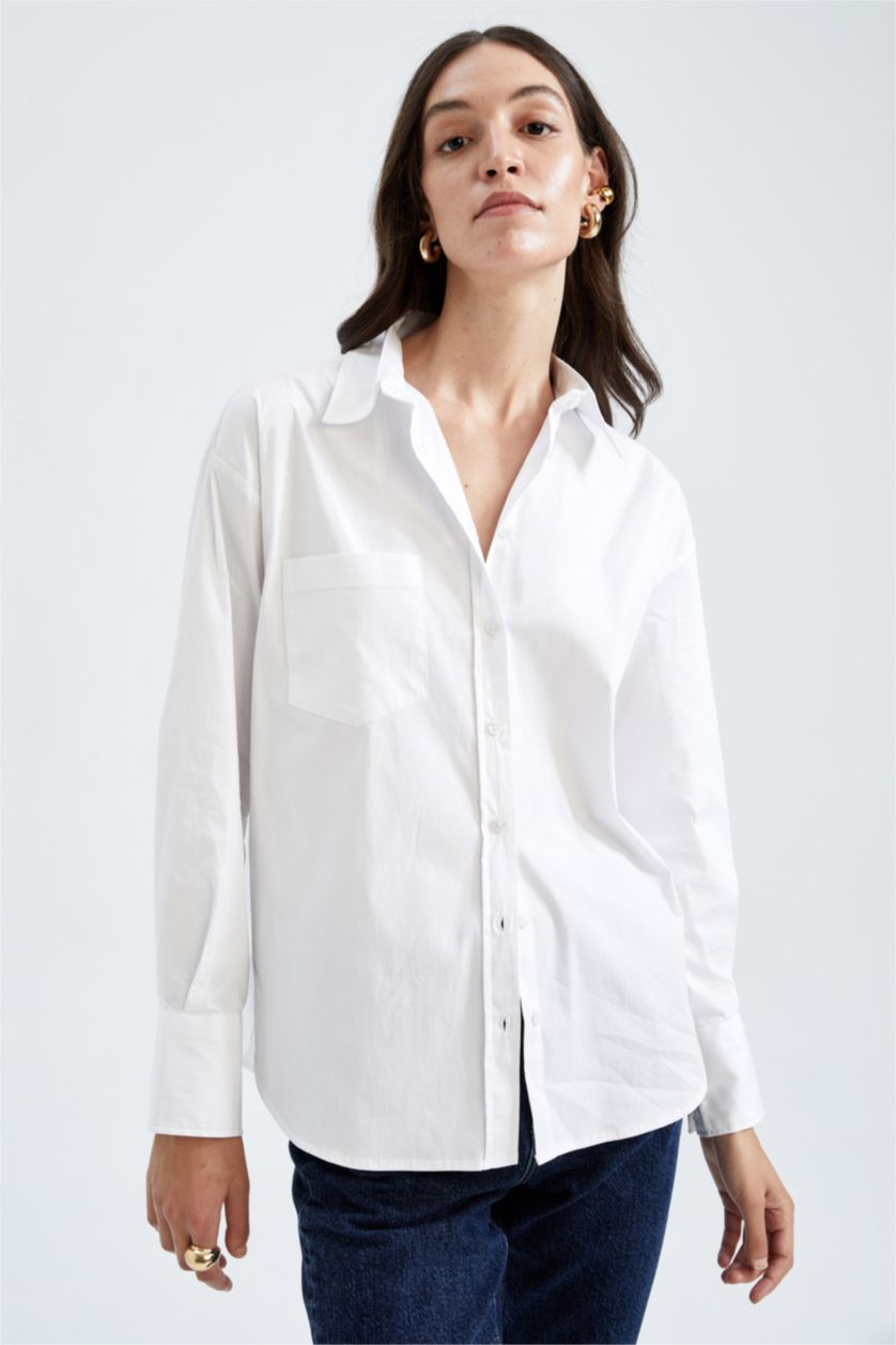 Kadın Beyaz Sorbe X Defacto Oversize Fit Düğmeli Poplin Uzun Kollu Gömlek