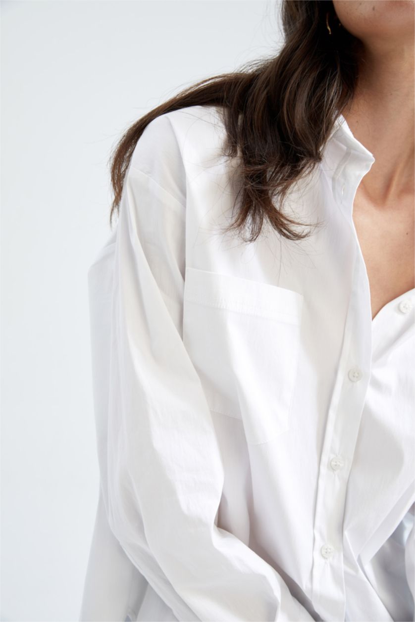 Kadın Beyaz Sorbe X Defacto Oversize Fit Düğmeli Poplin Uzun Kollu Gömlek