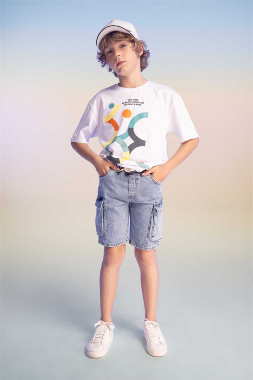 BOYS & TEENS Light Blue شورت جينز كارجو فيت
