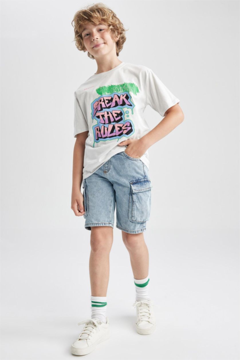 BOYS & TEENS Light Blue شورت جينز كارجو فيت