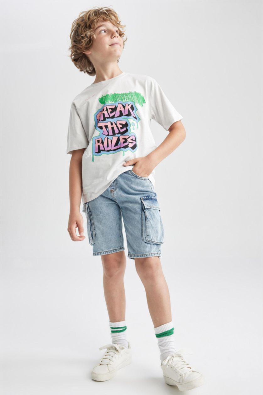 BOYS & TEENS Light Blue شورت جينز كارجو فيت