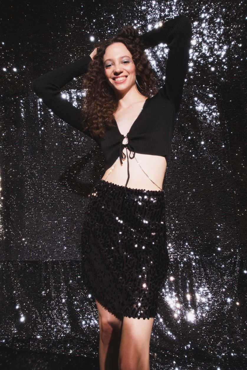 Kadın Siyah A Kesim Payetli Kumaş Mini Etek