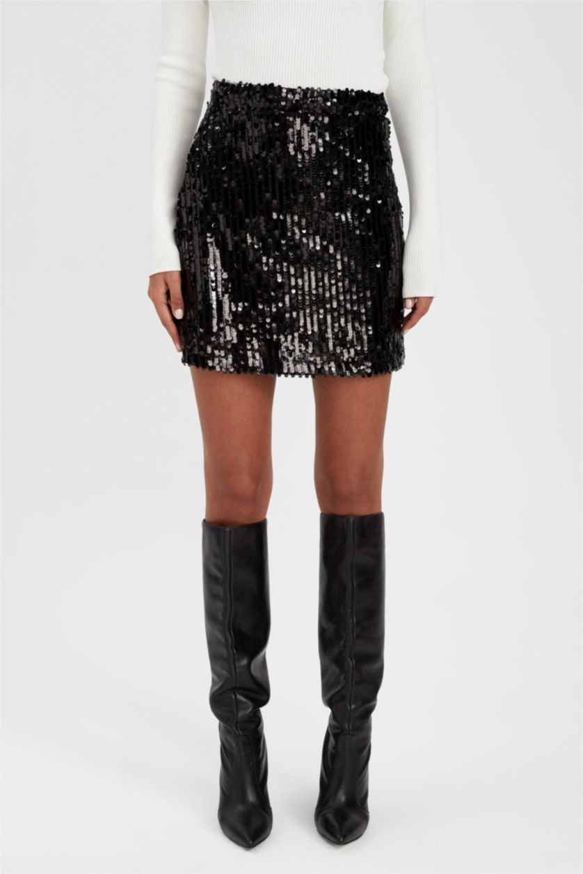 Kadın Siyah A Kesim Payetli Kumaş Mini Etek