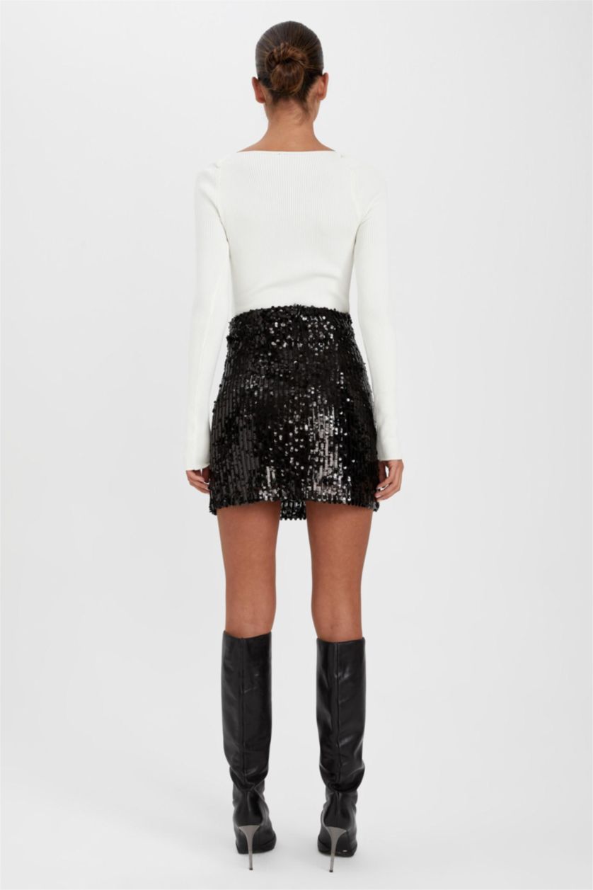 Kadın Siyah A Kesim Payetli Kumaş Mini Etek