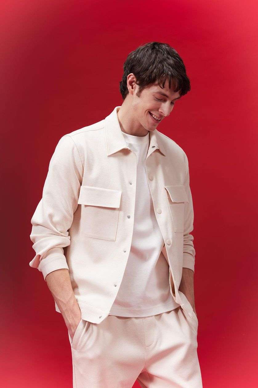 Man Light Beige Regular Fit Polo Collar Overshirt