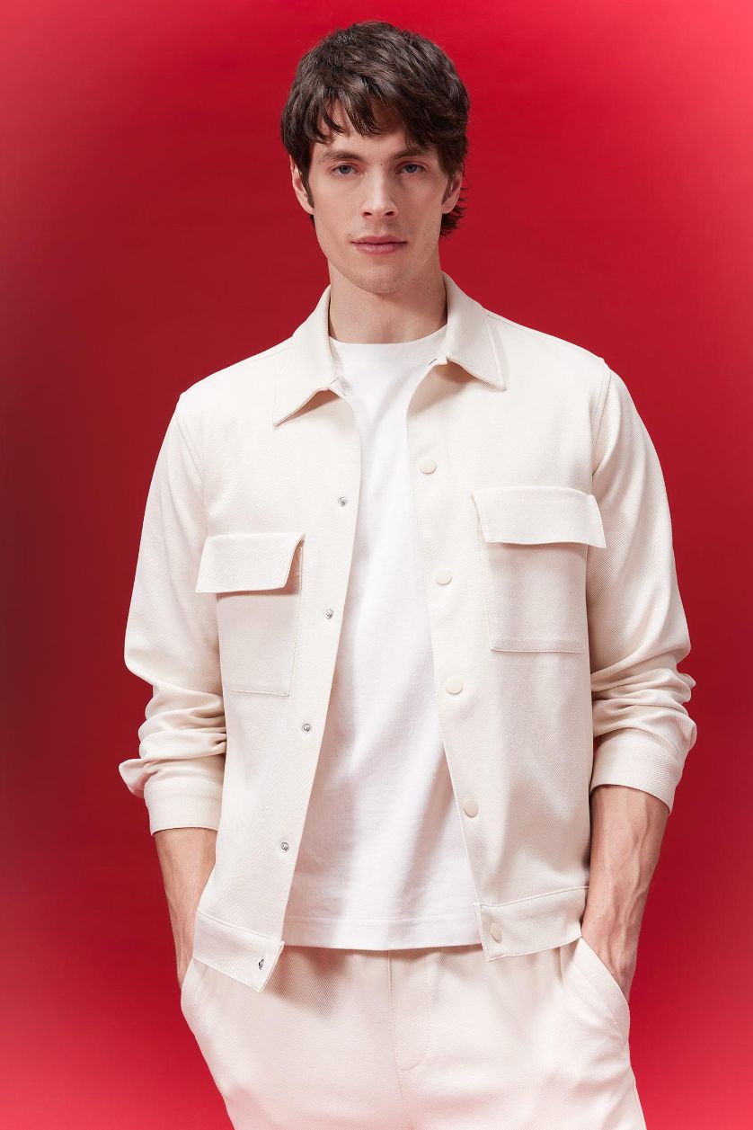 Man Light Beige Regular Fit Polo Collar Overshirt