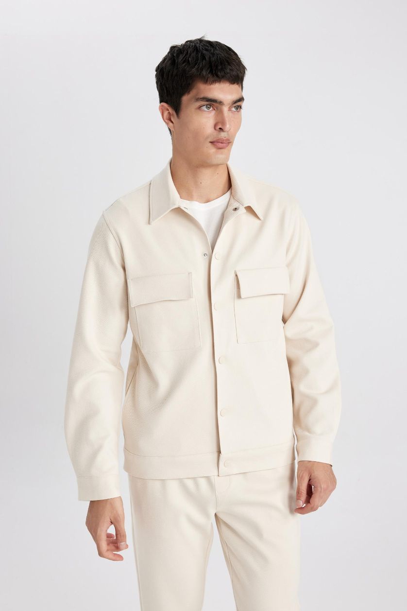 Man Light Beige Regular Fit Polo Collar Overshirt