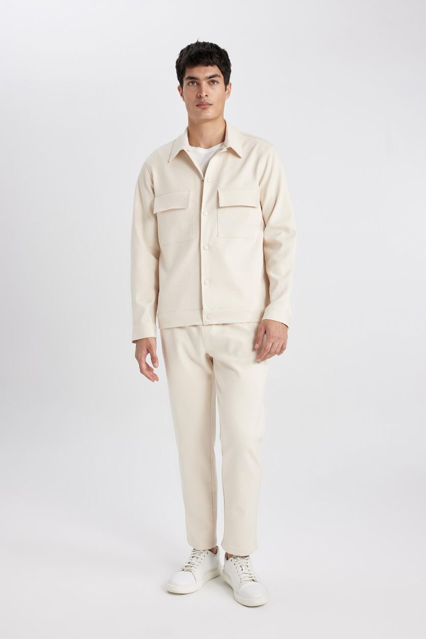 Man Light Beige Regular Fit Polo Collar Overshirt