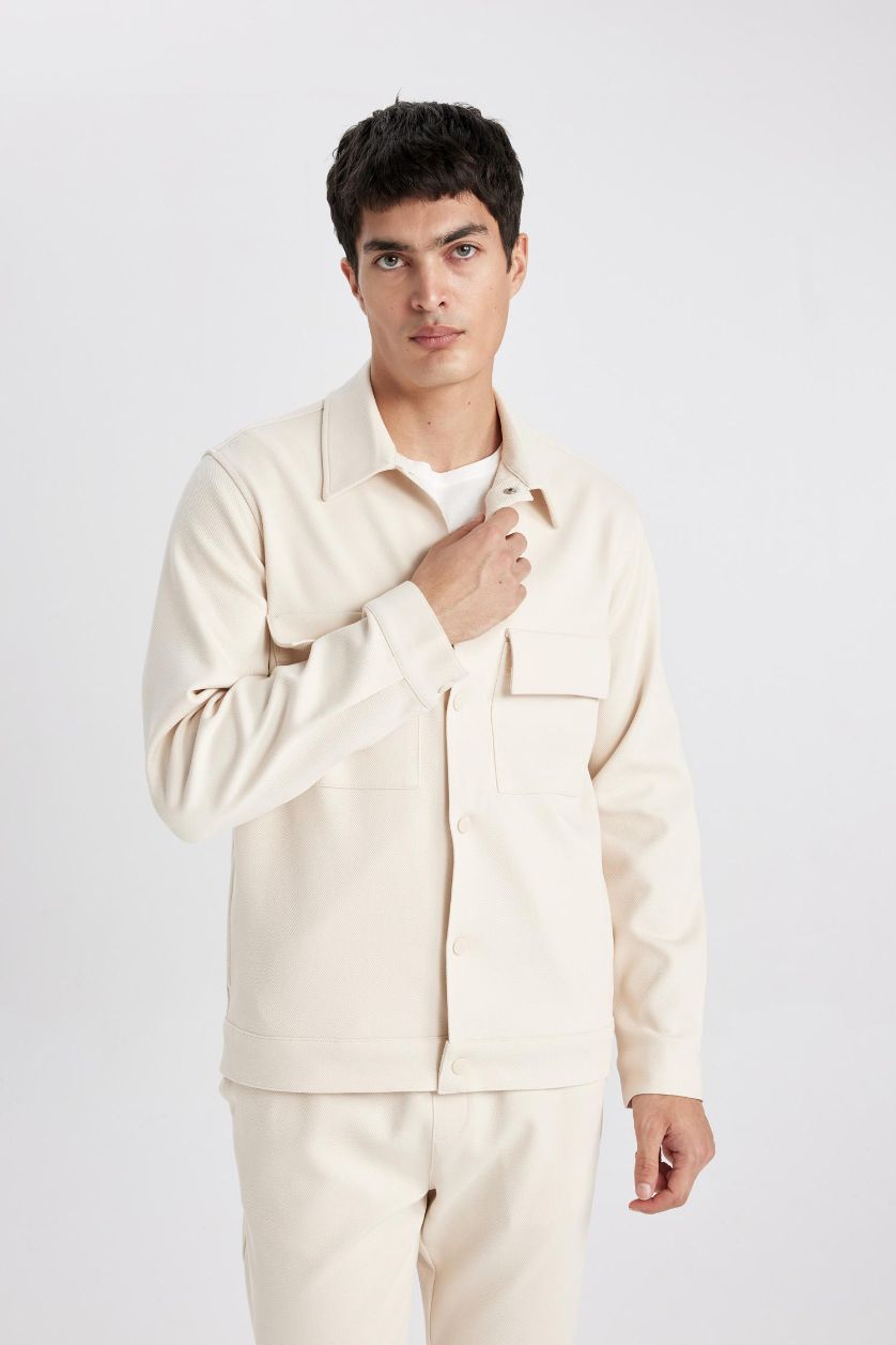 Man Light Beige Regular Fit Polo Collar Overshirt