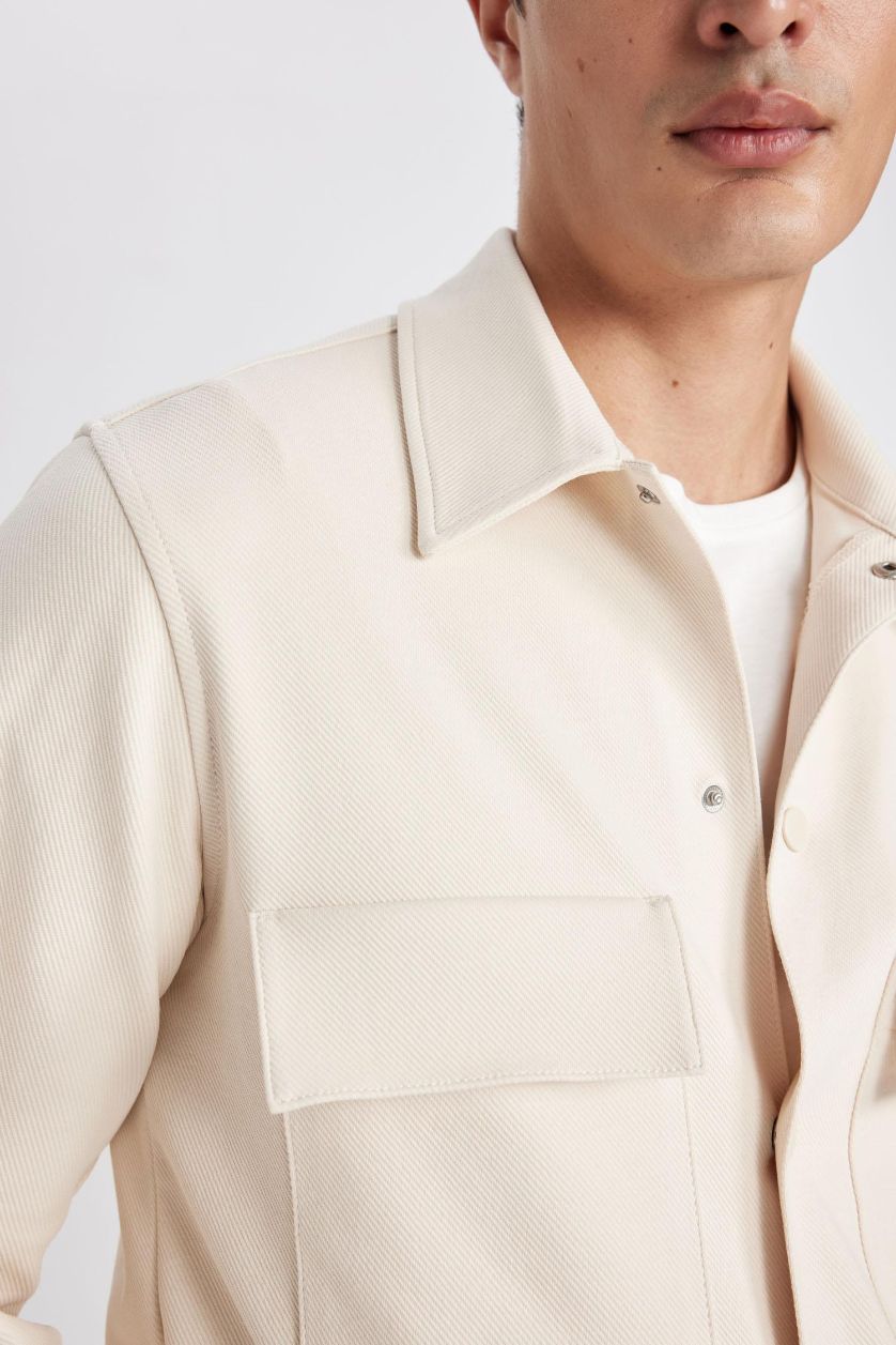 Man Light Beige Regular Fit Polo Collar Overshirt