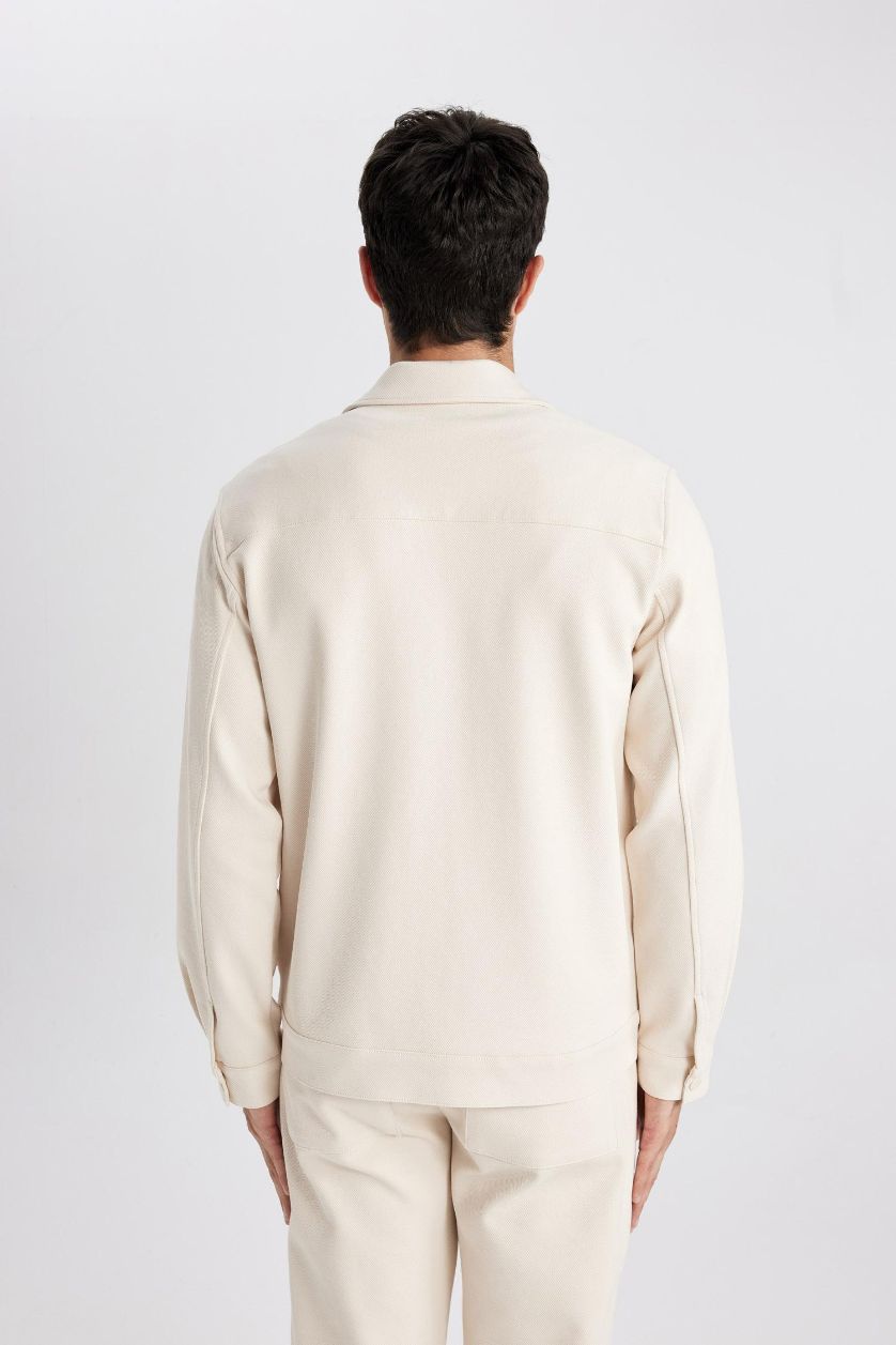 Man Light Beige Regular Fit Polo Collar Overshirt