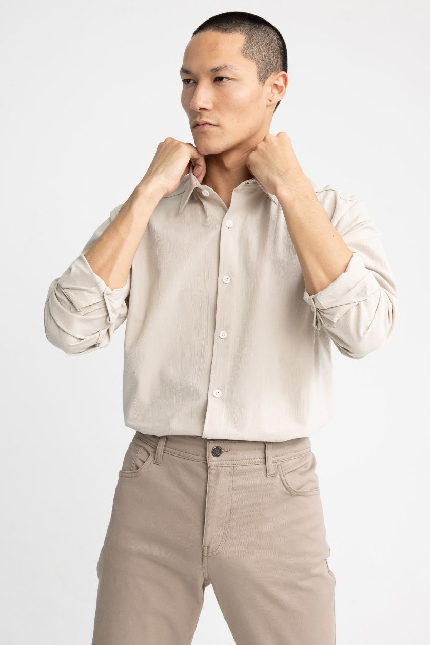 رجالي اللون الحجري قميص كتان بولو كم طويل مودرن فيت