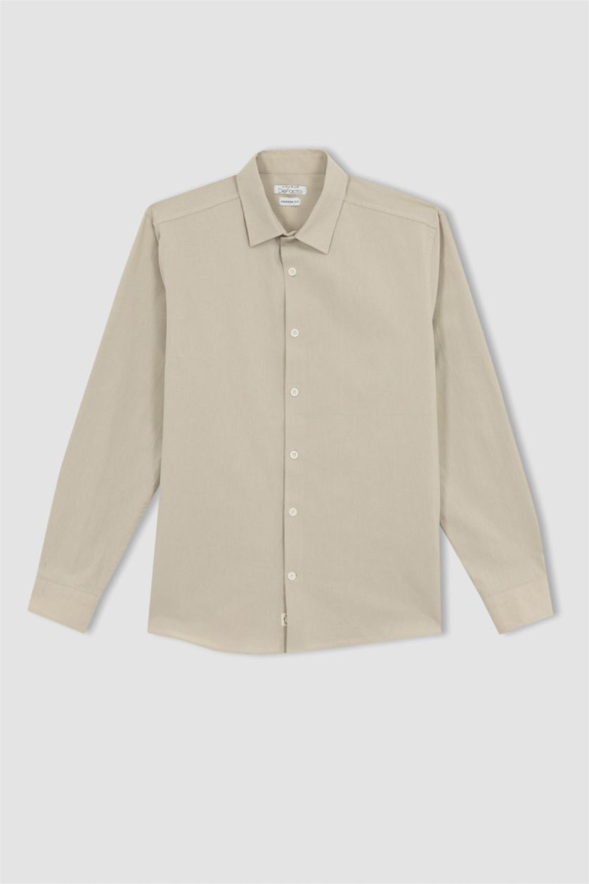 رجالي اللون الحجري قميص كتان بولو كم طويل مودرن فيت