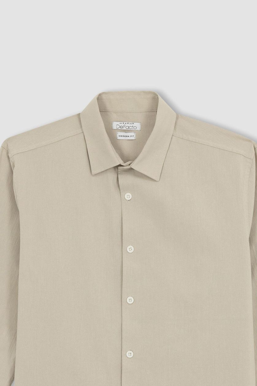 رجالي اللون الحجري قميص كتان بولو كم طويل مودرن فيت