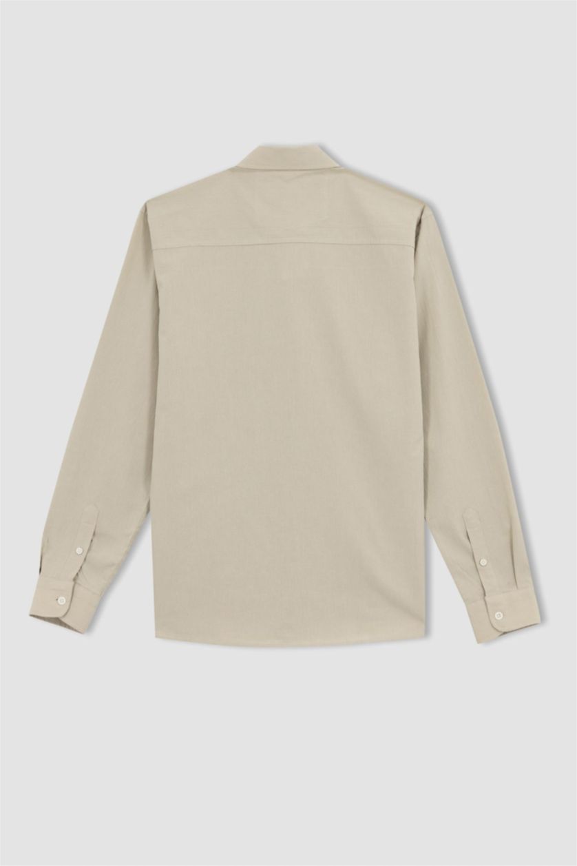 رجالي اللون الحجري قميص كتان بولو كم طويل مودرن فيت