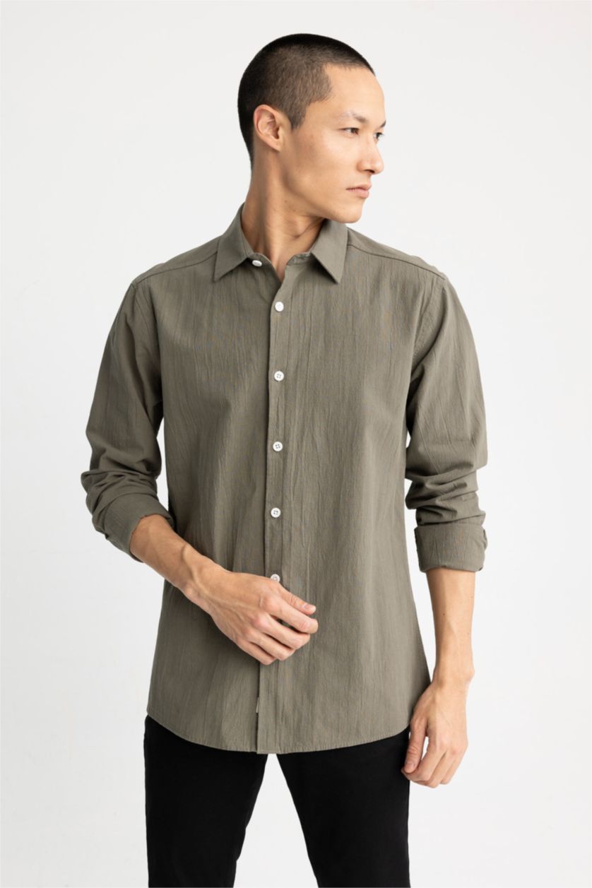 Ерлер хаки поло жаға мақта Ұзын жеңді көйлек