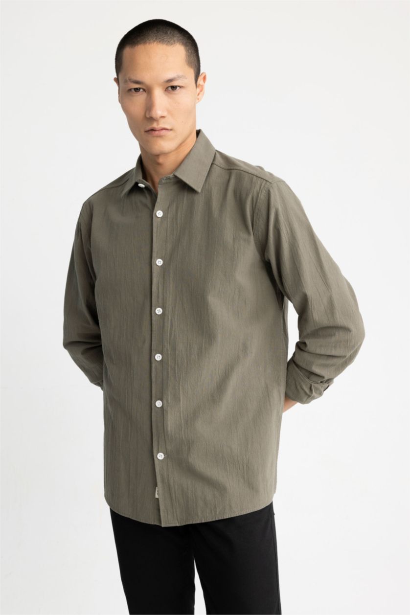 Ерлер хаки поло жаға мақта Ұзын жеңді көйлек