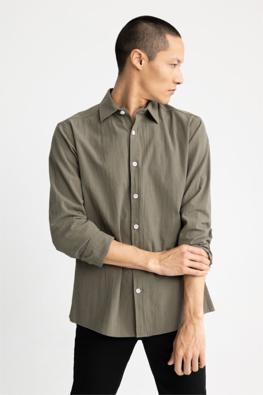 Ерлер хаки поло жаға мақта Ұзын жеңді көйлек