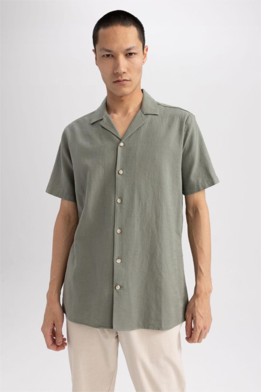 HOMME Kaki Clair Chemise en coton à manches courtes Coupe moderne