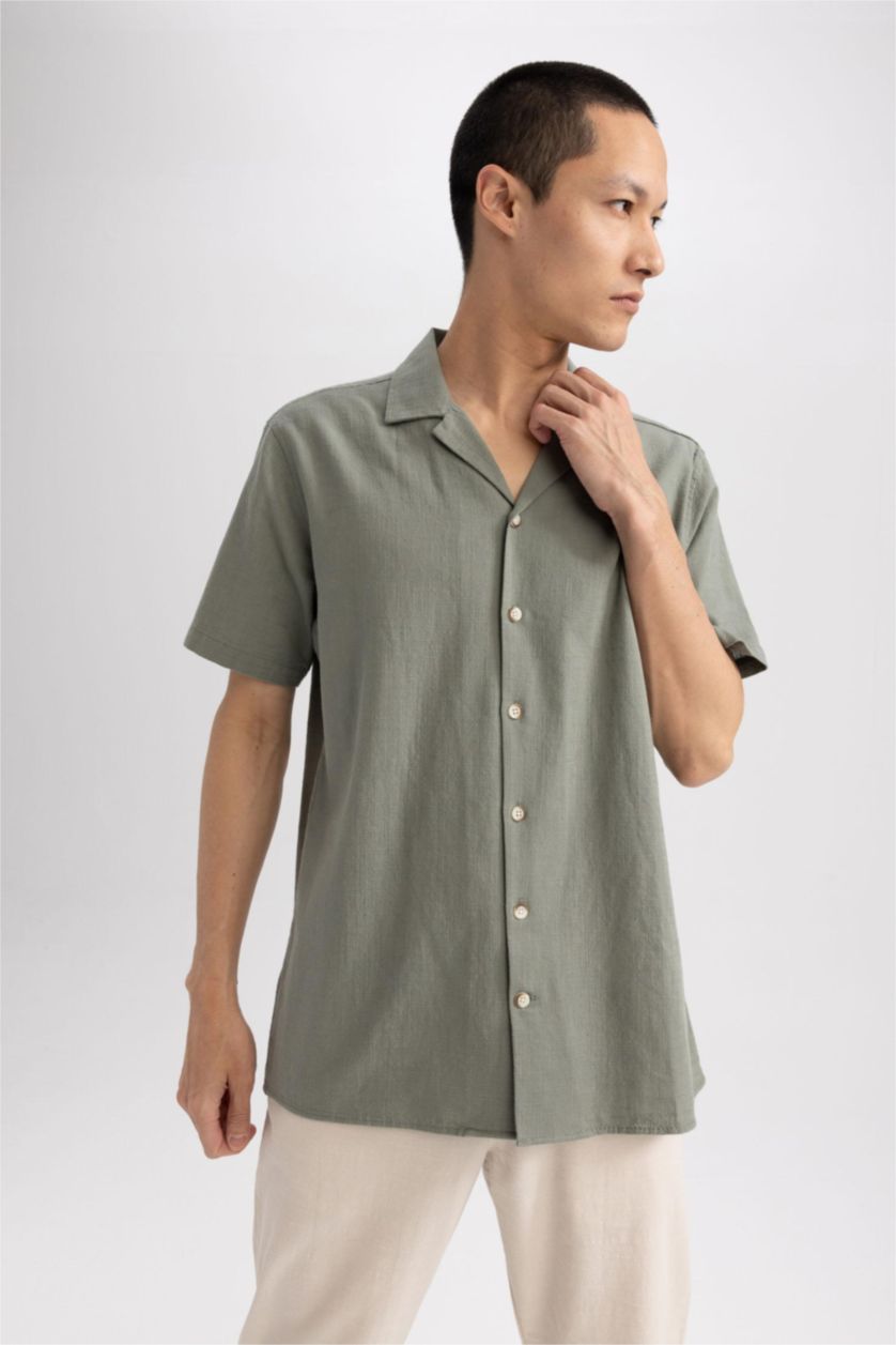 HOMME Kaki Clair Chemise en coton à manches courtes Coupe moderne